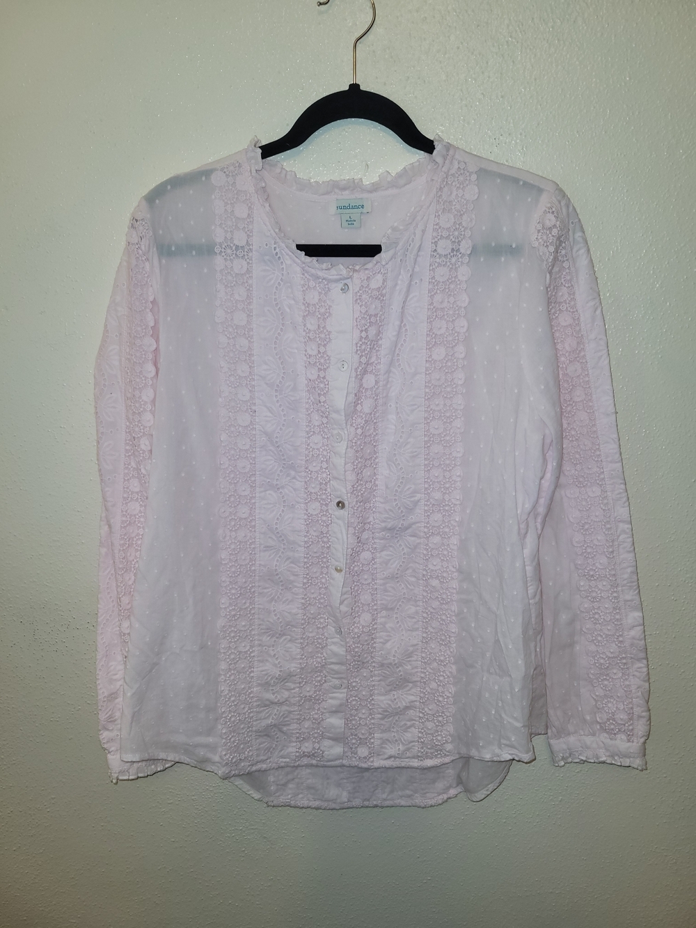 Sundance Blush Pink Swiss Dot Lace Cotton Button Front Boho Blouse Size Large